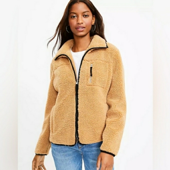 Loft Sherpa Jacket Zip Up Tan Black Size Small - Picture 1 of 6